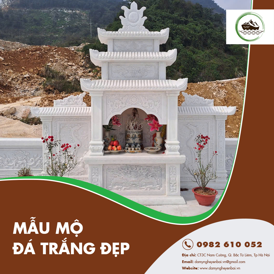 Mẫu mộ đá trắng sang trọng, phù hợp cho gia đình có mức kinh tế cao 