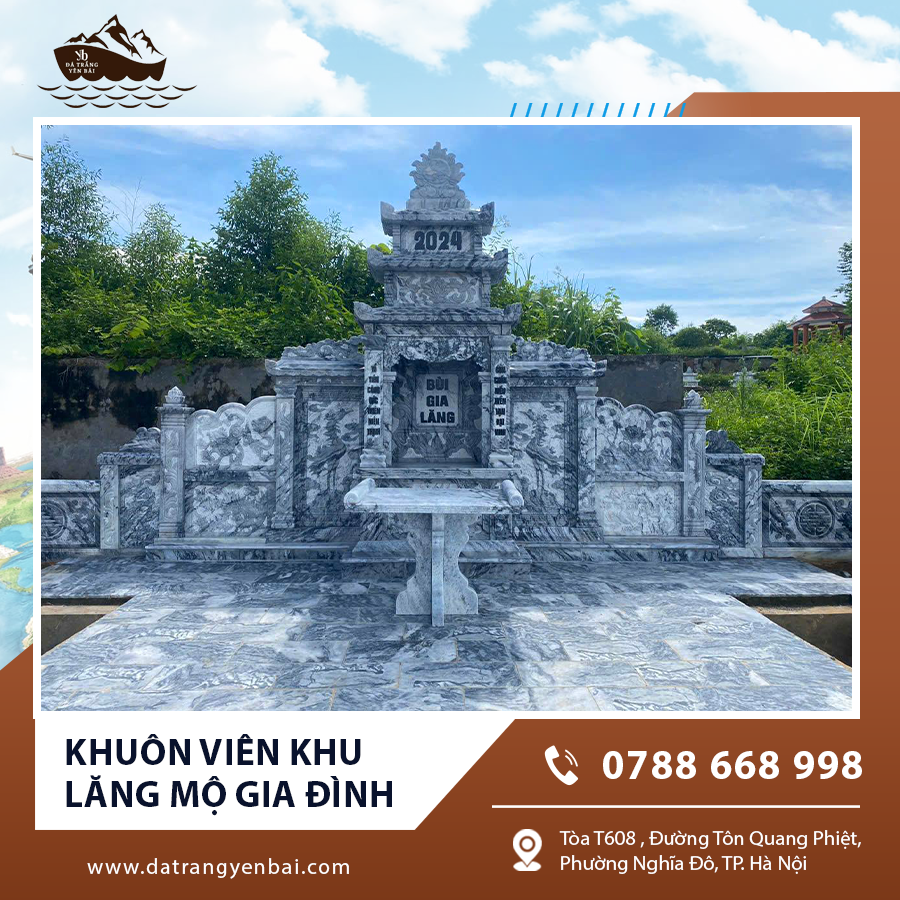 Khuôn viên khu lăng mộ gia đình khang trang, kết hợp cây xanh tạo không gian yên bình.