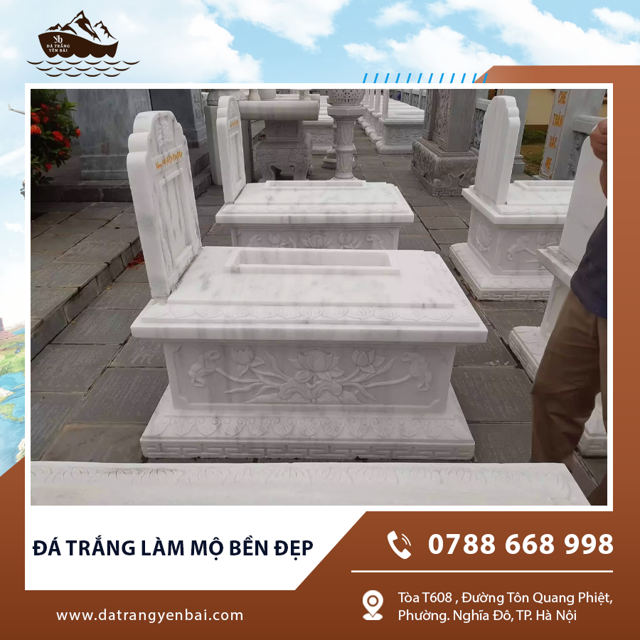 Mộ đá trắng marble vân tự nhiên, chống thấm tốt ngoài trời.