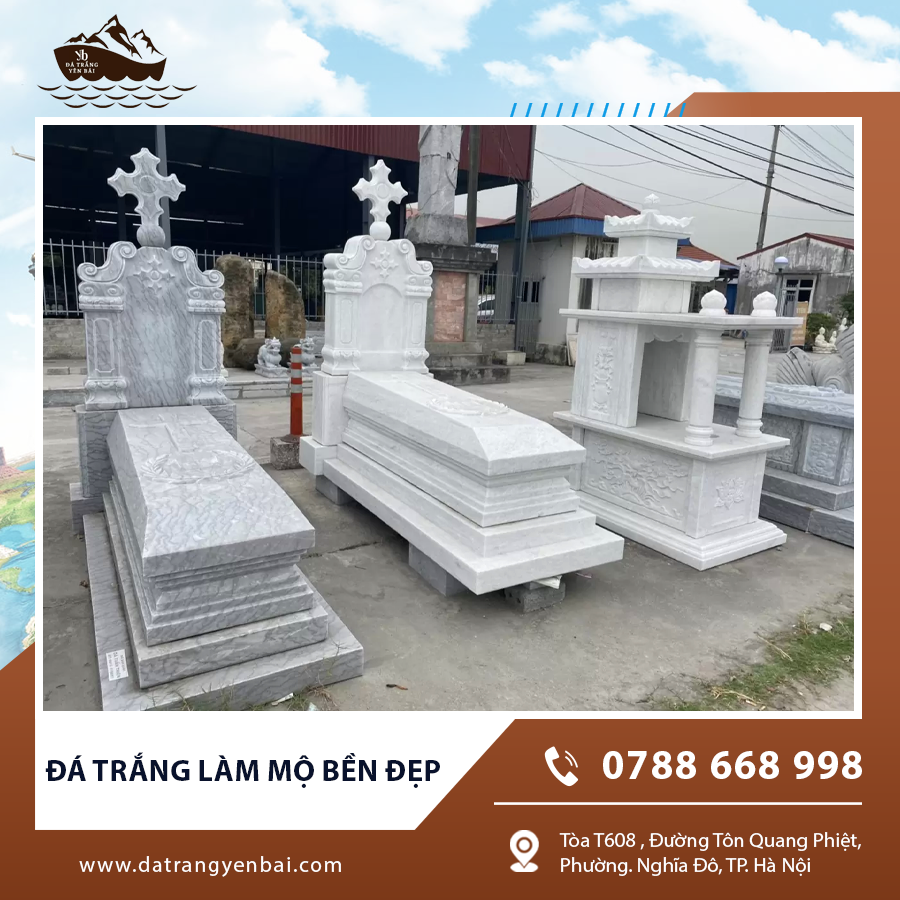 Mộ đá trắng granite bóng sáng, bền bỉ theo năm tháng.