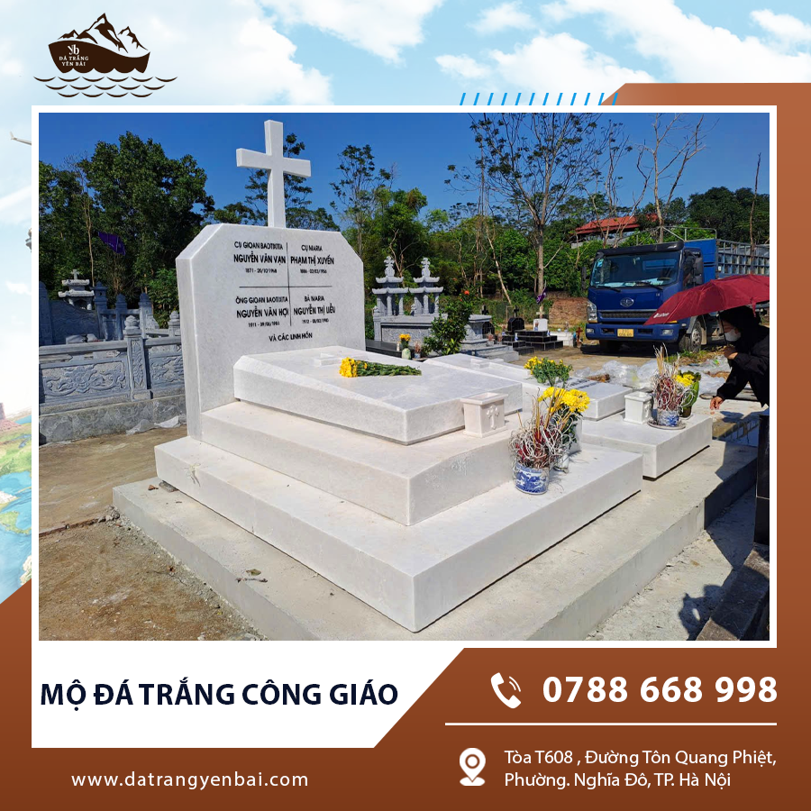 Toàn cảnh khu mộ đá trắng công giáo đẹp, đồng bộ và trang nghiêm.