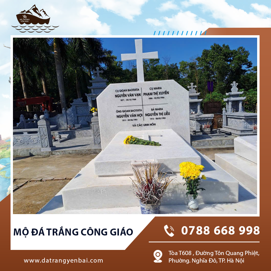 Mộ đá trắng công giáo với bề mặt nhẵn bóng, thánh giá nổi bật.