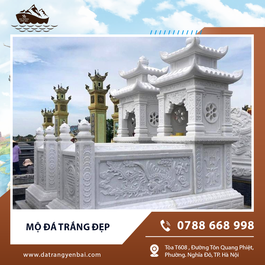 Mộ đá trắng granite bóng sáng với hoa văn tinh xảo.