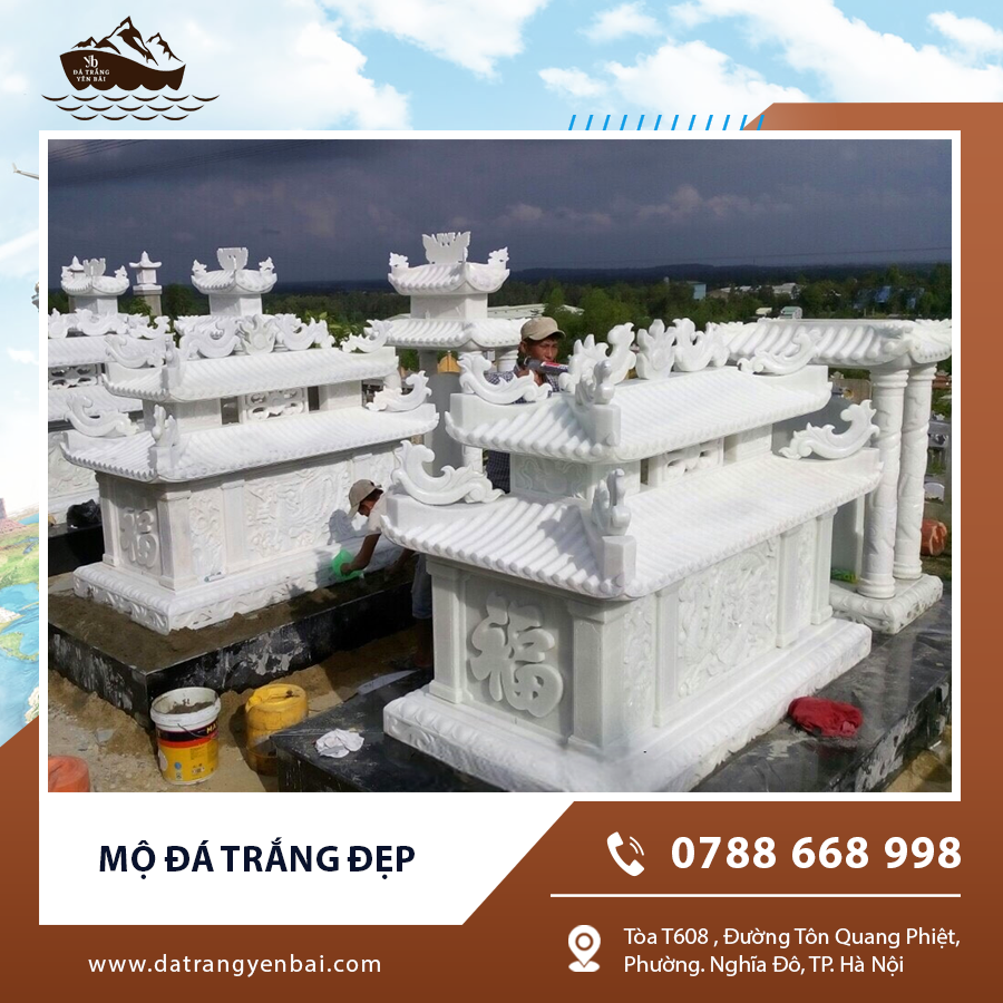 Toàn cảnh nghĩa trang với nhiều mộ đá trắng đẹp, hài hòa.