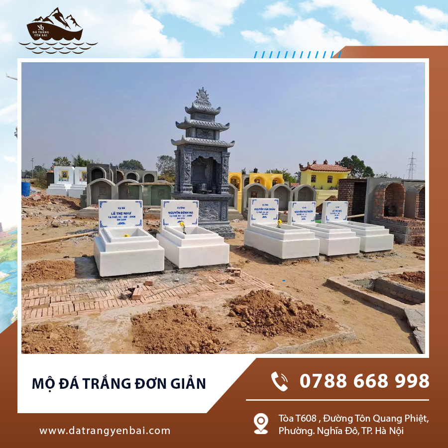 Khu mộ đá trắng đơn giản với bề mặt nhẵn bóng ngoài trời.