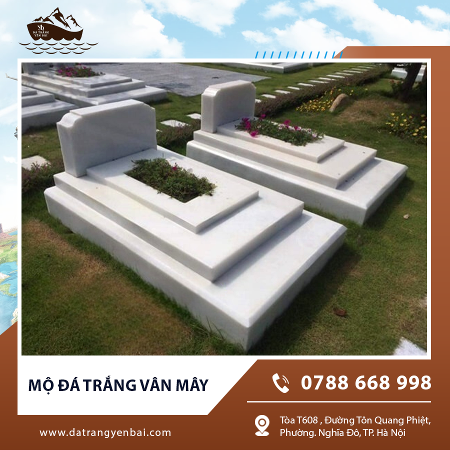 Mộ đá trắng vân mây granite ngoài trời, bề mặt nhẵn bóng.