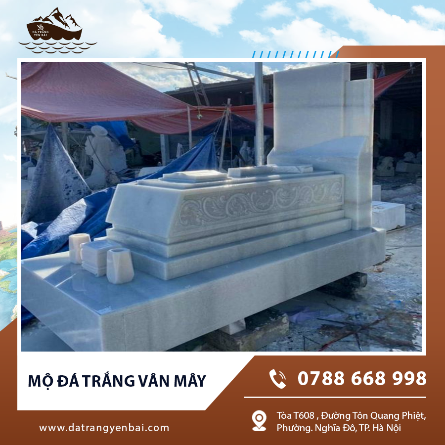 Lăng mộ đá trắng vân mây với hoa văn nhẹ nhàng, tinh tế.