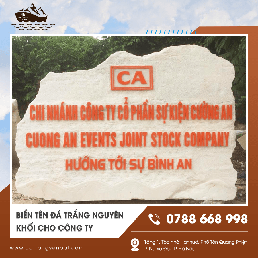 Cận cảnh biển tên đá trắng nguyên khối cho công ty