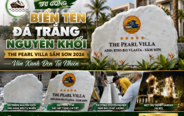 Thi Công Biển Tên Đá Trắng Nguyên Khối The Pearl Villa Sầm Sơn 2026 — Vân Xanh Đen Tự Nhiên