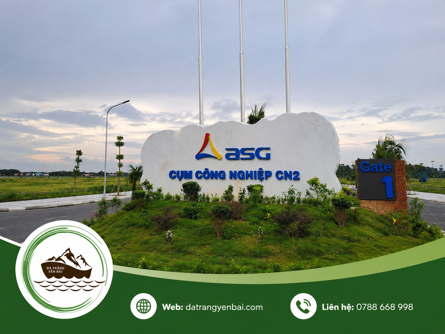 Biển tên đá trắng nguyên khối hoàn thiện tại cổng vào Cụm Công Nghiệp CN2 Sóc Sơn Tập đoàn ASG