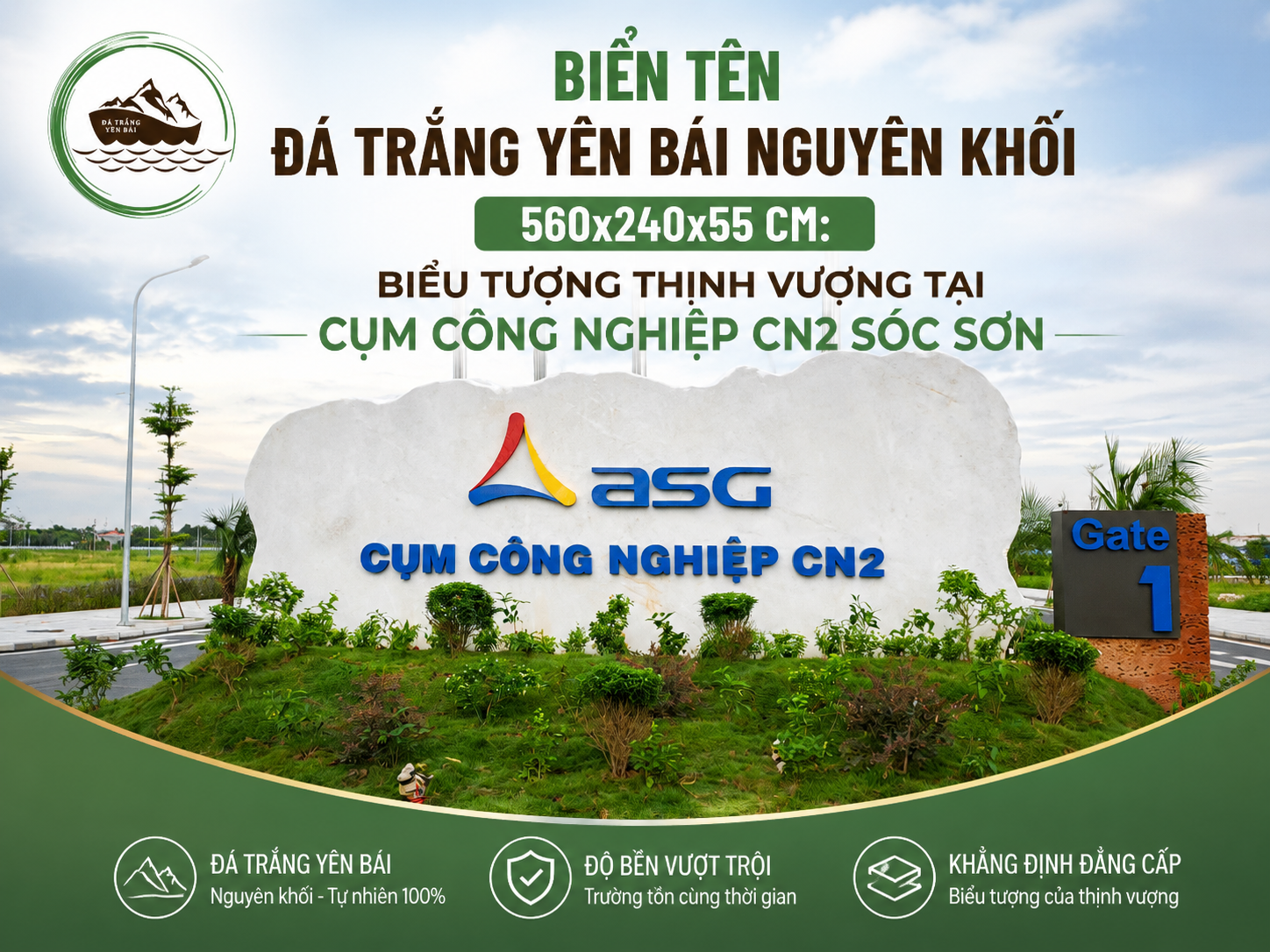 Biển tên đá trắng nguyên khối 560x240x55 cm Cụm Công Nghiệp CN2 Sóc Sơn Tập đoàn ASG