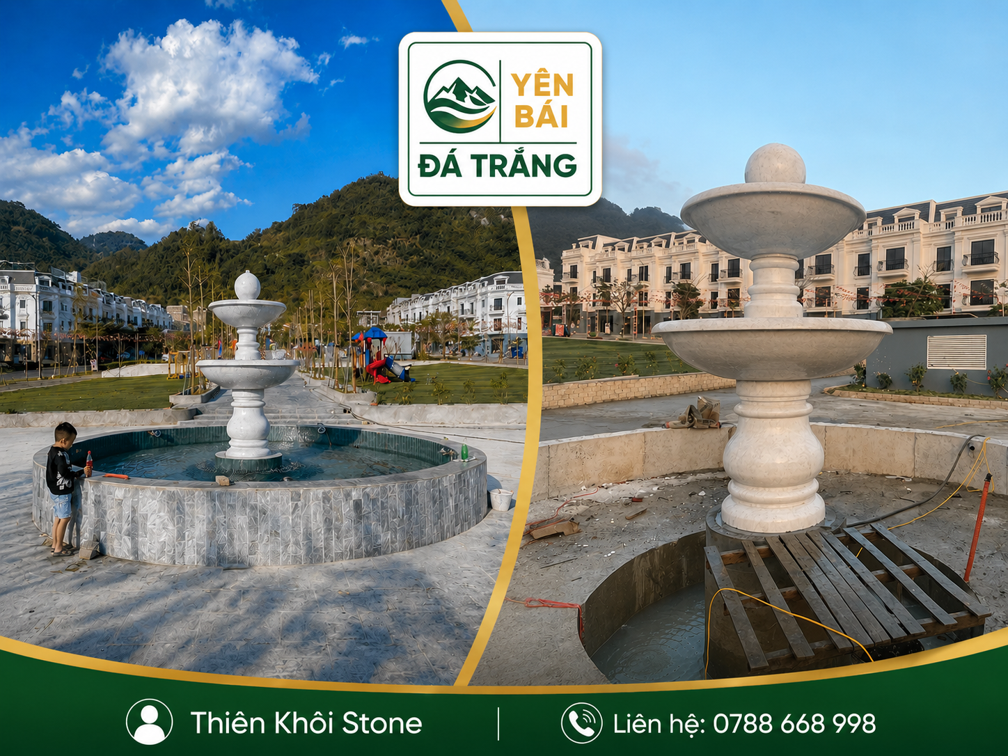Đài phun nước đá trắng 3 tầng tại quảng trường trung tâm Panacea Hill Mộc Châu Sơn La