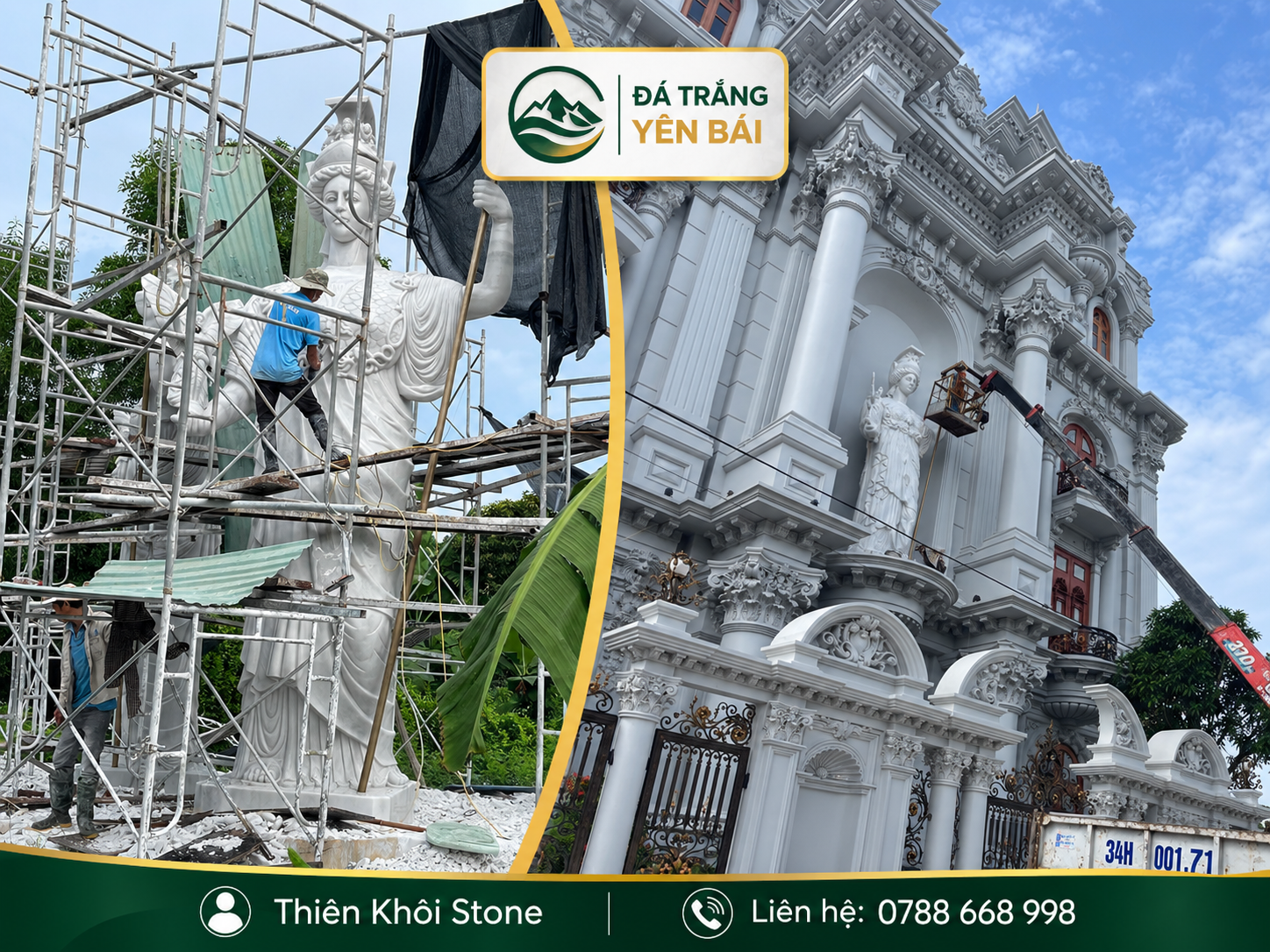 Thợ điêu khắc Thiên Khôi đang chạm khắc tượng Nữ thần Athena đá trắng 5m7 trên giàn giáo tại Hải Phòng