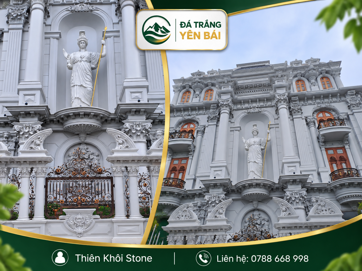 Tượng Nữ thần Athena đá trắng nguyên khối cao 5m7 hoàn thiện tại lâu đài tân cổ điển Hải Phòng