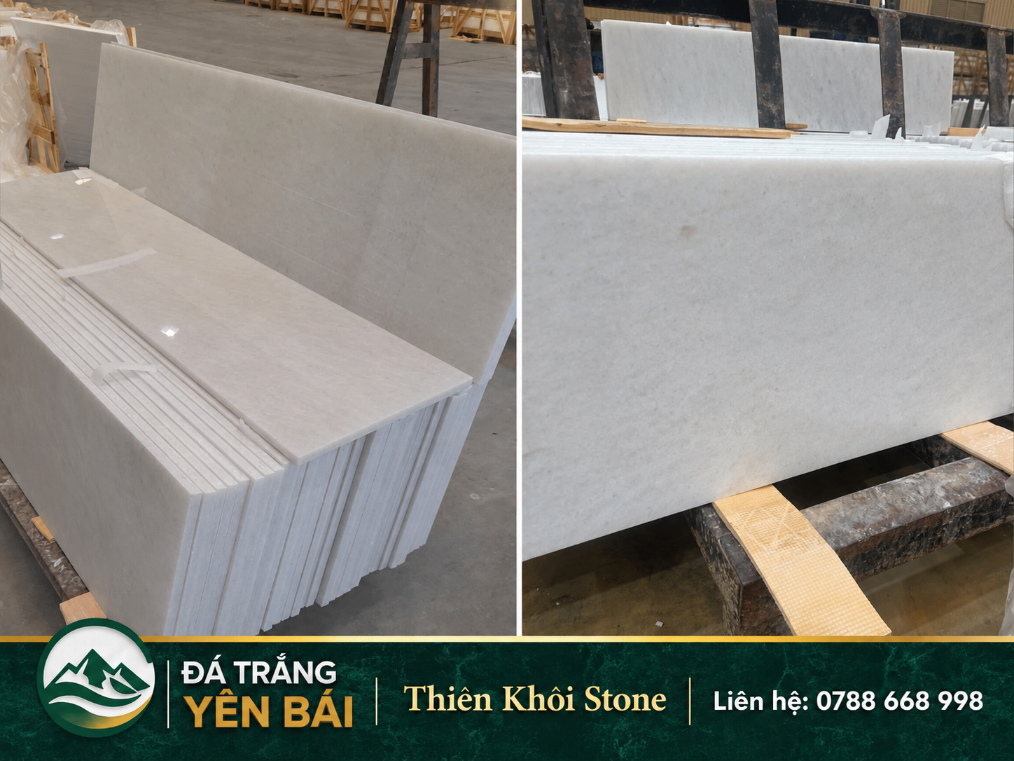 Đá trắng Yên Bái cắt quy cách tiles mài bóng tại xưởng Thiên Khôi Lục Yên