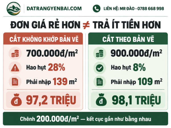 Sơ đồ so sánh tỷ lệ hao hụt đá ốp lát trắng Yên Bái: cắt không khớp bản vẽ hao hụt 28%, cắt theo bản vẽ hao hụt 8%