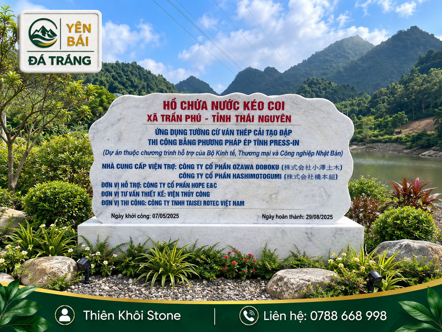Biển tên đá trắng nguyên khối vân mây công trình Hồ Chứa Nước Kéo Coi xã Trần Phú Thái Nguyên