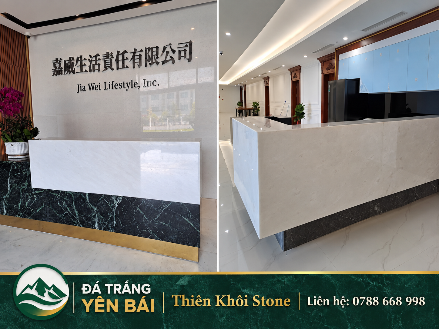 Đá trắng Yên Bái ốp lát sảnh văn phòng quầy lễ tân công ty Đài Loan khu công nghiệp Ninh Bình