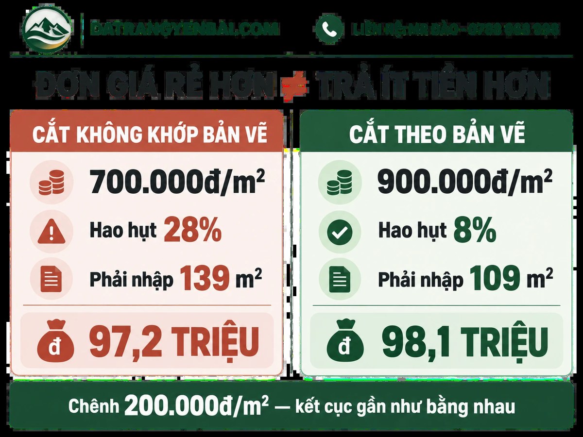 Sơ đồ so sánh tỷ lệ hao hụt đá ốp lát trắng Yên Bái: cắt không khớp bản vẽ hao hụt 28% phải nhập 139 m² hết 97,2 triệu, cắt theo bản vẽ hao hụt 8% phải nhập 109 m² hết 98,1 triệu