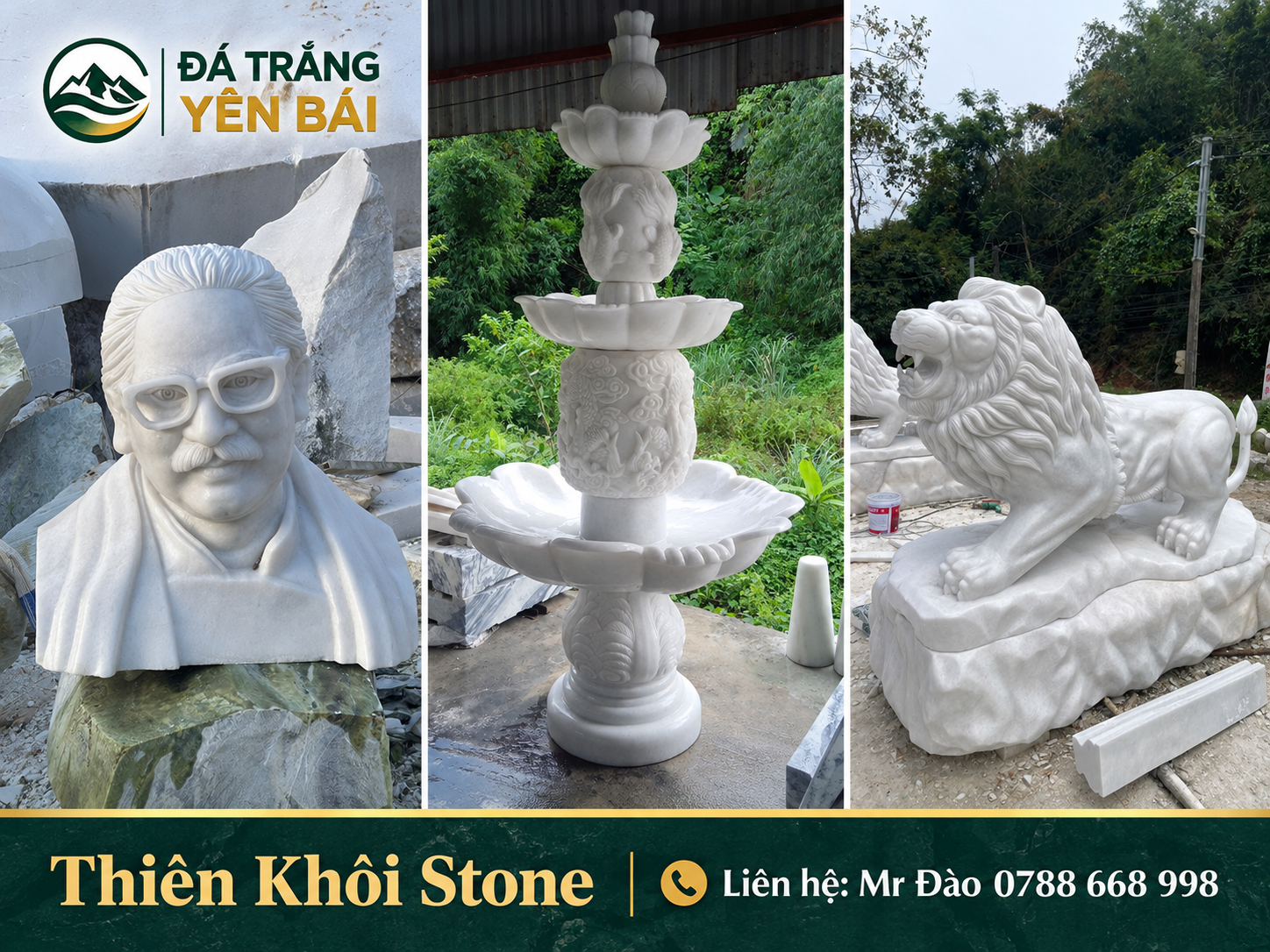Đá mỹ nghệ trắng Yên Bái xuất khẩu Bangladesh tượng sư tử đài phun nước thành phẩm tại xưởng Thiên Khôi