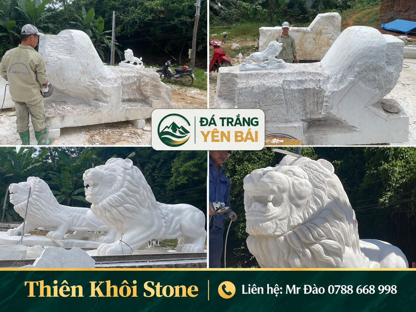 Chế tác tượng sư tử đá trắng không vân tại xưởng Thiên Khôi xuất khẩu Bangladesh